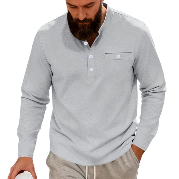 Maean Mens Long Sleeve Basic Tshirts V Neck Buttons Dressy Tops Solid Color Casual Business Tees