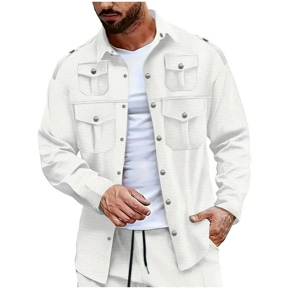 Maean Mens Shirts Jacket Button down Textured Long Sleeve Shacket Jackets with Pockets Fall Trendy