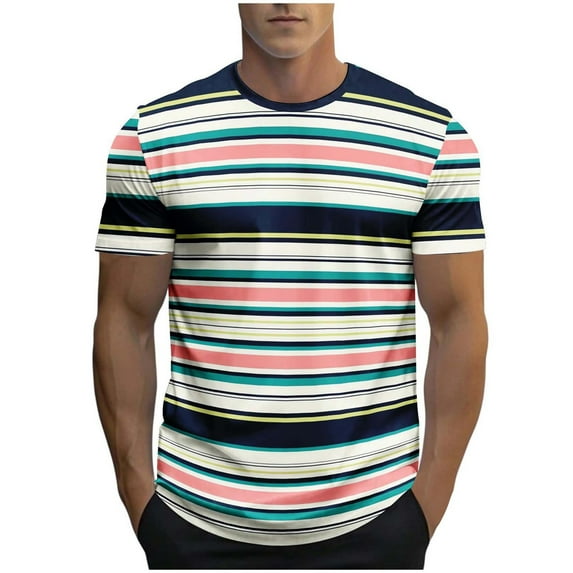 Maean Mens Short Sleeve Striped Shirt Summer Crew Neck Causal Tee Loose Color Block Basic Tshirts