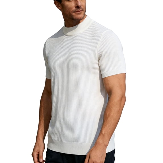 Maean Mens Short Sleeve Sweaters Mock Neck Ribbed Knit Summer Tops Soft Loose Casual Shirts Sweater