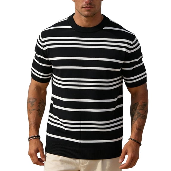 Maean Mens Short Sleeve Sweaters Ribbed Knit Basic Casual Fashion Crewneck Striped Summer Clothes