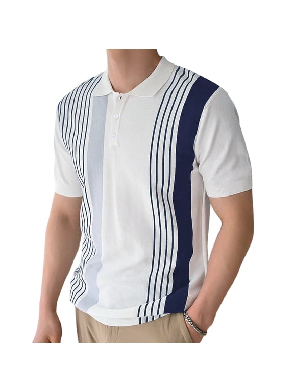 Mens Striped Collared Tops Short Sleeve V Neck Shirt Casual Business Summer Trendy Fashion Tees