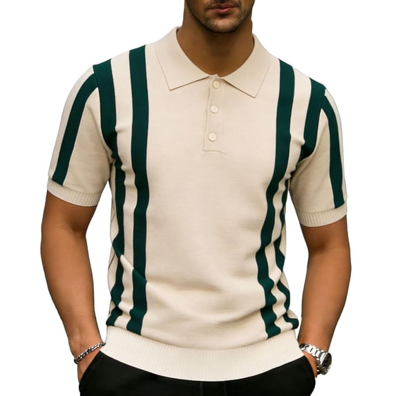 Maean Mens Striped Short Sleeve Top Sweaters Collared Fashion Dressy Knit Shirts for Work Business Blouses