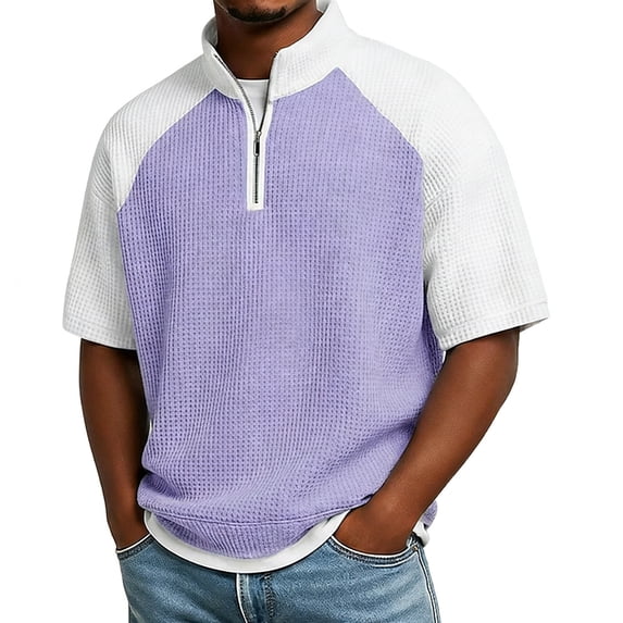 Maean Mens Textured Shirt Short Sleeve Shirts Quarter Zipper Summer Loose Tops Pullover Sweatshirts