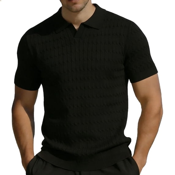 Maean Mens V Neck Short Sleeve Sweater Tops Golf Collared Casual Dressy Shirts Solid Color Textured Blouses