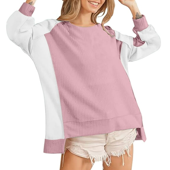 Maean Oversize Sweatshirt for Women Knit Color Block Crew Neck Long Sleeve Sweatshirts Casual Pullover Tops