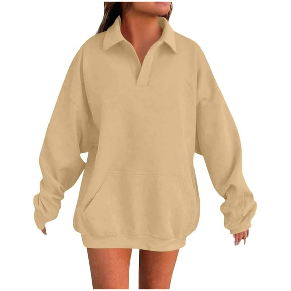 Maean Oversize Sweatshirt for Womens Long Sleeve Baggy Fall Fashion V Neck Collared Casual Tops with Pockets