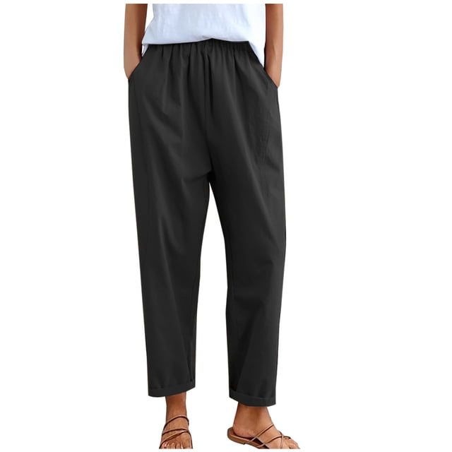 Maean Pants for Women Work Casual Elastic High Waist Tapered Wide Leg Folded Hem Trousers with Pockets