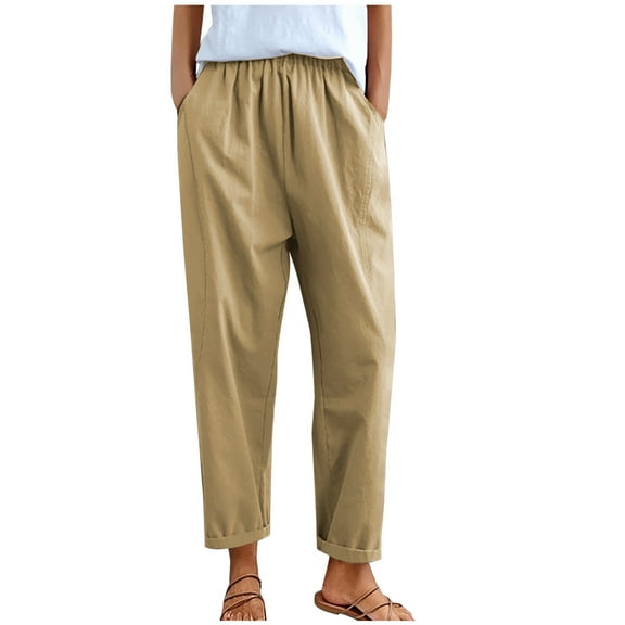 Maean Pants for Women Work Casual Elastic High Waist Tapered Wide Leg Folded Hem Trousers with Pockets