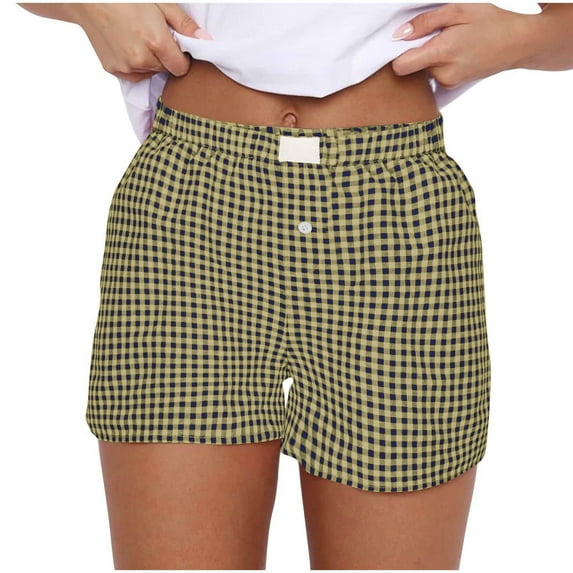 Maean Plaid Shorts Baggy Boxer Shorts for Women Elastic Waist Casual Lounge Bottom Pajama Shorts Sleepwear