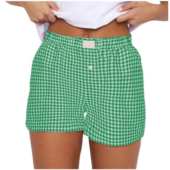 Maean Plaid Shorts Baggy Boxer Shorts for Women Elastic Waist Casual Lounge Bottom Pajama Shorts Sleepwear