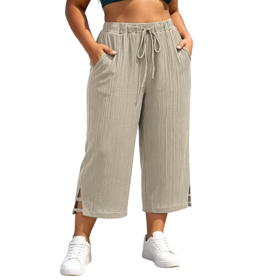 Maean Plus Size Capris for Womens Wide Leg Palazzo Elastic Waist Drawstring Cropped Pants with Pockets