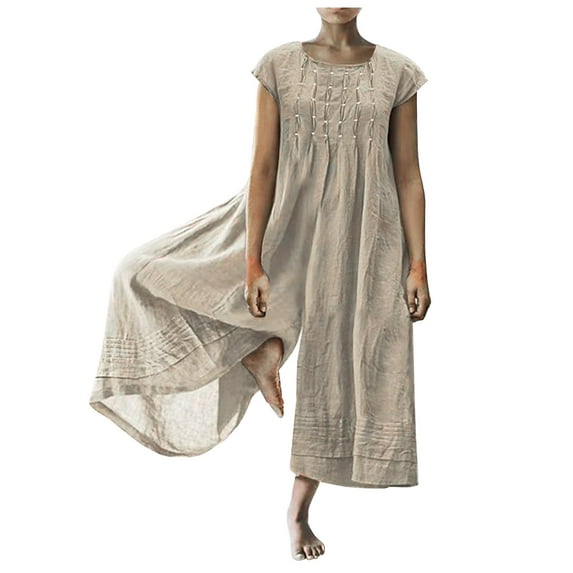 Maean Plus Size Jumpsuits for Women Wide Leg Loose Cotton Linen V Neck Long Sleeve Rompers Casual Long Pants