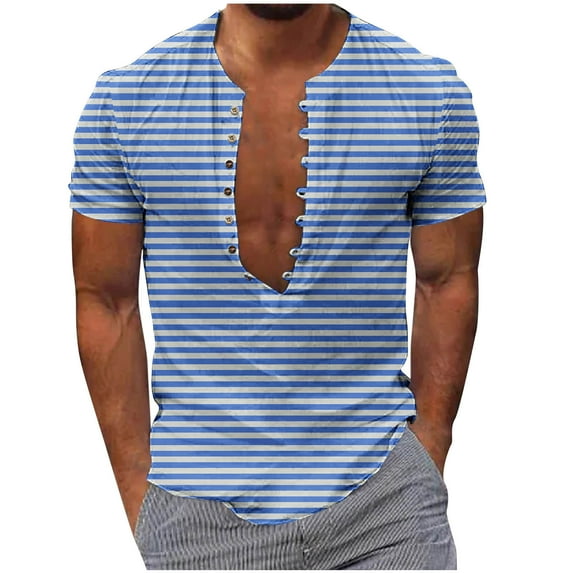 Maean S-5XL Men Big and Tall Shirts Striped Printed Short Sleeve V Neck Buttons Casual Beach Tshirts