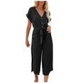 thumbnail image 1 of Maean Short Sleeve Jumpsuit for Women V Neck Button Bow Knot Straps Rompers Wide Leg Capri Pants with Pockets, 1 of 1