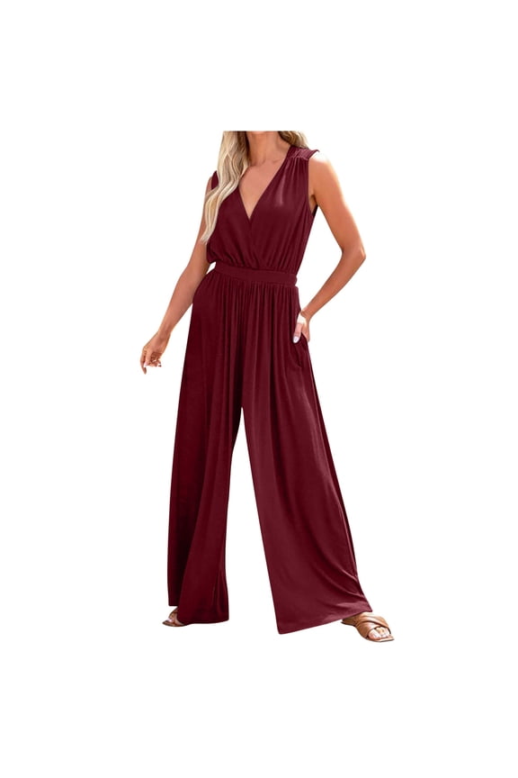 Sleeveless Jumpsuit for Women V Neck Elegant Dressy Slim Elastic Waist Casual Rompers Work Long Pants
