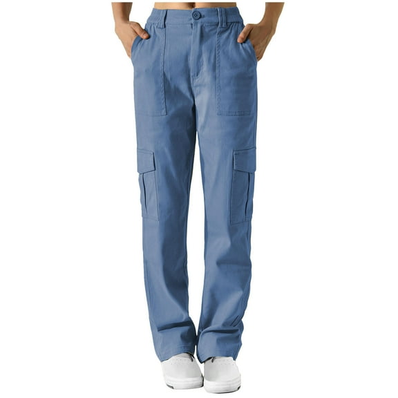 Maean Straight Leg Cargo Pants for Women Casual Back Elastic Waist Solid Color Button Work Trousers and Pockets