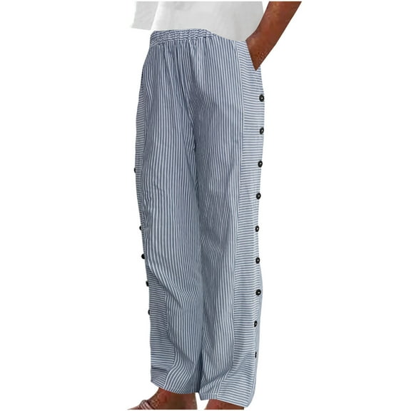 Maean Stripe Wide Leg Pants for Women Elastic Waisted Casual Loose Side Button Straight Trousers with Pockets