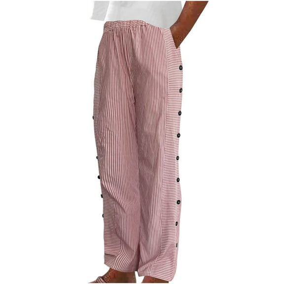 Maean Stripe Wide Leg Pants for Women Elastic Waisted Casual Loose Side Button Straight Trousers with Pockets