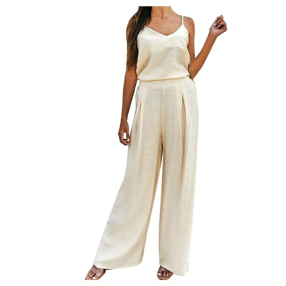 Maean Summer Casual 2 Piece Outfits for Women V Neck Sleeveless Spaghetti Straps Tops and Wide Leg Loose Pants