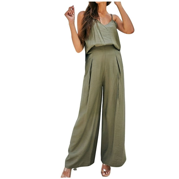 Maean Summer Casual 2 Piece Outfits for Women V Neck Sleeveless Spaghetti Straps Tops and Wide Leg Loose Pants