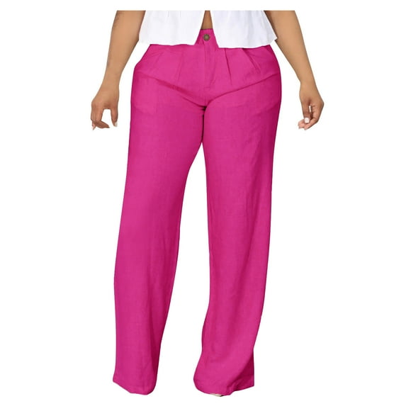 Maean Summer Casual Pants for Women Cotton Linen Elastic Low Waist Straight Wide Leg Loose Button Trousers