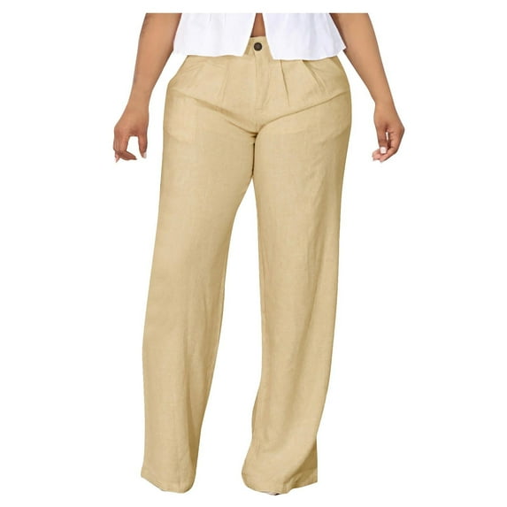Maean Summer Casual Pants for Women Cotton Linen Elastic Low Waist Straight Wide Leg Loose Button Trousers