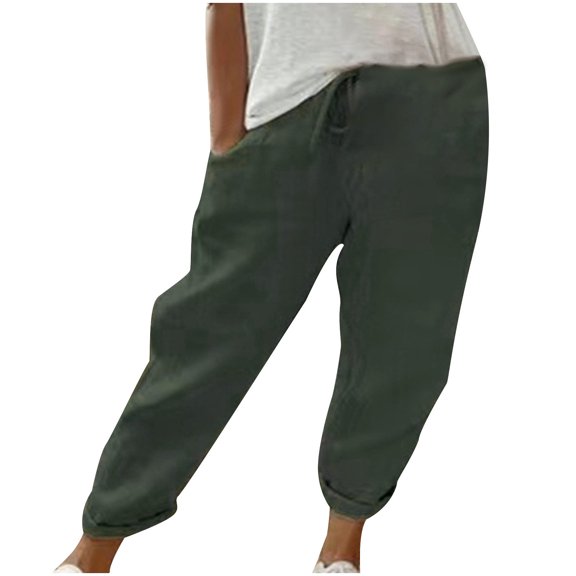 Maean Summer Pants for Women Casual Elastic Waist Drawstring Tapered Wide Leg Folded Hem Trousers with Pockets