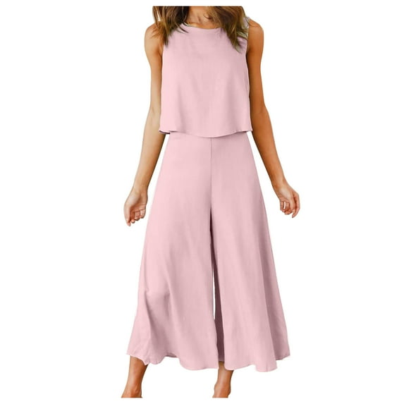 Maean Summer Two Piece Outfits for Women Round Neck Back Zipper Sleeveless Tops Wide Leg Dress Capri Pants Sets