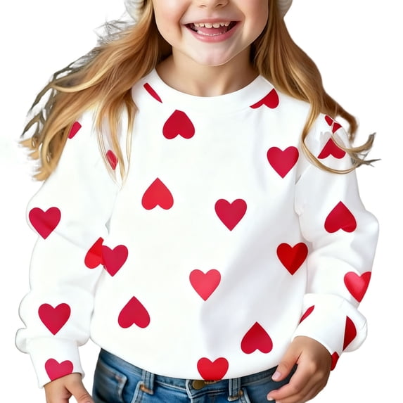 Maean Toddler Girl Fleece Sweatshirt Cute Heart Printed Long Sleeve Pullover Outfits Crew Neck Tops Clothes