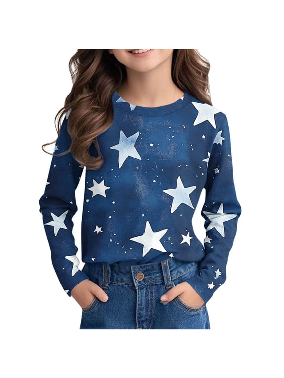 Toddler Long Sleeve Shirts Star Graphic Crewneck Pullover Casual Loose Tee Tshirts for Kids