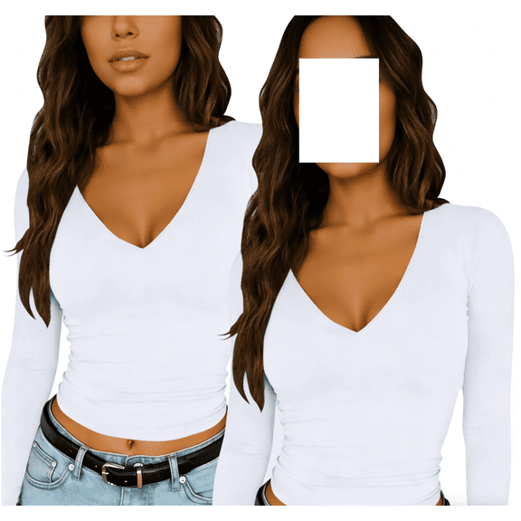 Maean V Neck Tops for Women Long Sleeve Tight Tee Basic Slim Shirts Business Casual Work Top 2 Pack
