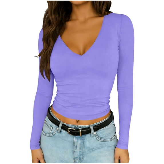 Maean V Neck Tops for Women Long Sleeve Tight Tee Basic Slim Shirts Business Casual Work Top 2 Pack