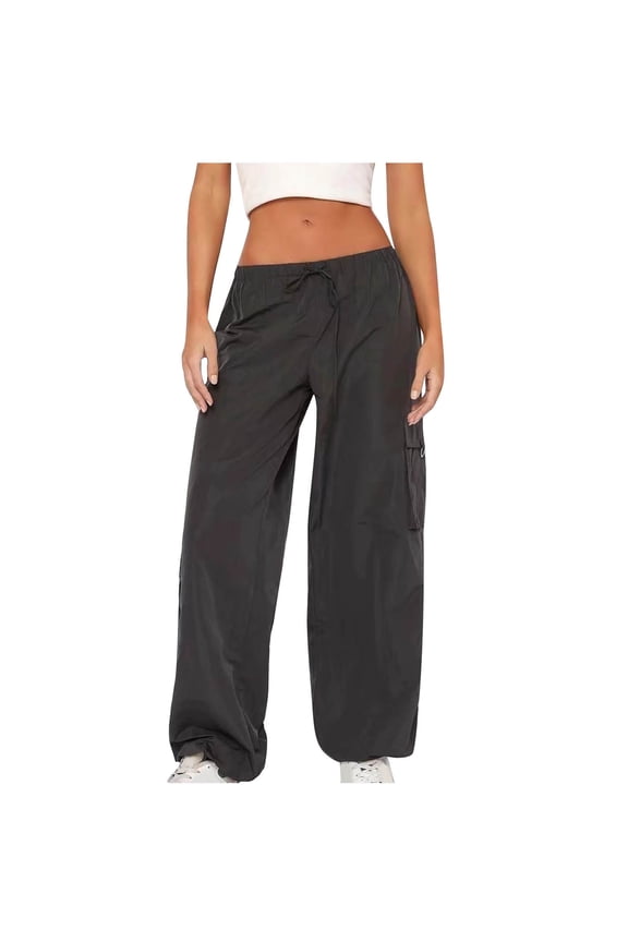 Wide Leg Cargo Pants for Women Elastic Waist Casual Drawstring Outdoor Sport Hiking Trousers with Pockets