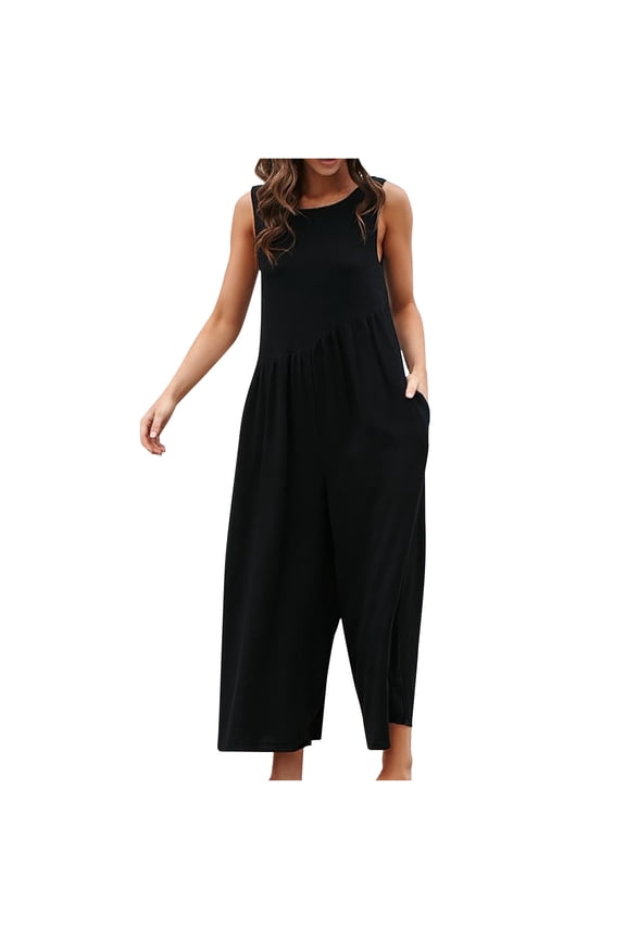 Wide Leg Dress Jumpsuit for Women Summer Casual Sleeveless Crew Neck Rompers Long Pants with Pockets