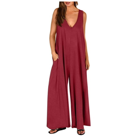 Maean Wide Leg Dress Jumpsuits for Women Baggy V Neck Sleeveless Rompers Solid Color Home Pants with Pockets