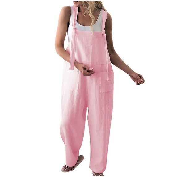 Maean Wide Leg Jumpsuit for Women Cotton Linen Loose Solid Color Rompers with Pockets Trendy Tank Top Pants