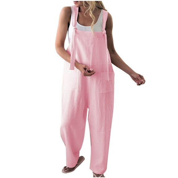 Maean Wide Leg Jumpsuit for Women Cotton Linen Loose Solid Color Rompers with Pockets Trendy Tank Top Pants