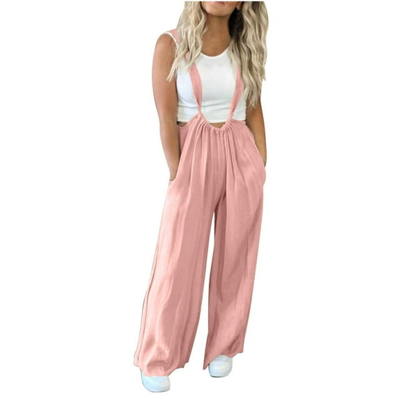 Maean Wide Leg Jumpsuits for Women Casual Trendy Street Rompers Elastic Waist Drawstring Pants with Pockets