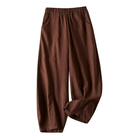Maean Wide Leg Lounge Pants for Women Cotton Linen Casual Elastic Waist Long Baggy Trousers with Pockets