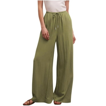 Maean Wide Leg Lounge Pants for Women Dressy Elastic Waist Drawstring Cotton Linen Casual Work Trousers