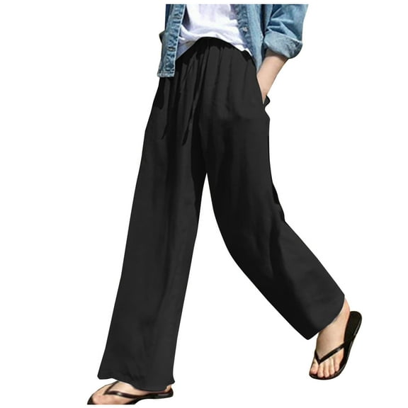 Maean Wide Leg Pants for Women Summer Casual Elastic Waist Drawstring Cotton Linen Trousers with Pockets