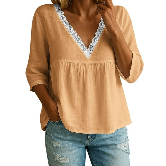 Maean Women 3/4 Sleeve Tops V Neck Loose Cotton Linen Shirts Crop Beach Vacation Solid Color Blouse