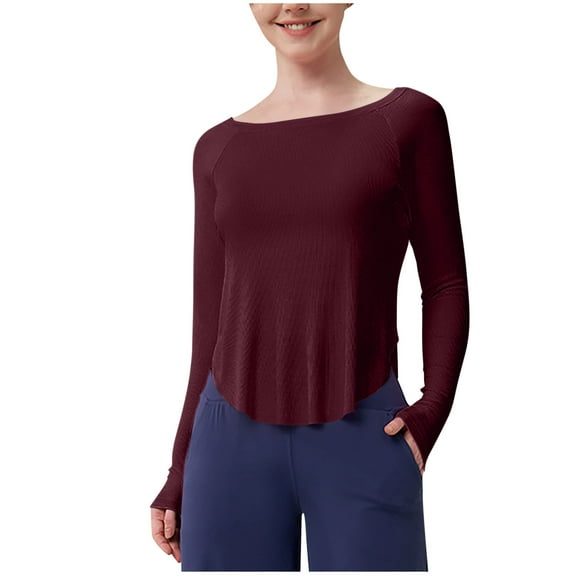 Maean Women Basic Long Sleeve Shirts Crew Neck Plain Tunic Top Yoga Workout Comfortable Casual Tee