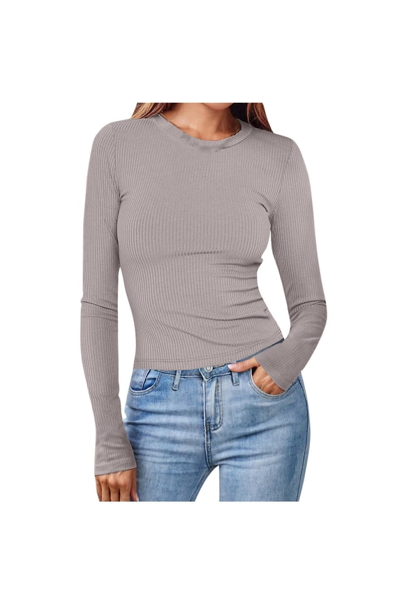 Women Basic Shirts Crew Neck Long Sleeve Plain Tshirts Ruched Tunic Tops Fall Casual Tees