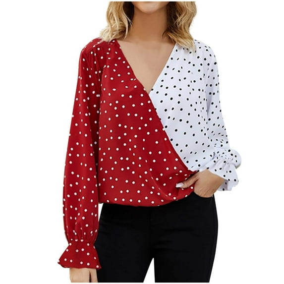 Maean Women Blouse V Neck Long Sleeve Polka Dot Dressy Casual Pullover Tops Fall Fashion Shirts