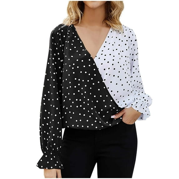 Maean Women Blouse V Neck Long Sleeve Polka Dot Dressy Casual Pullover Tops Fall Fashion Shirts