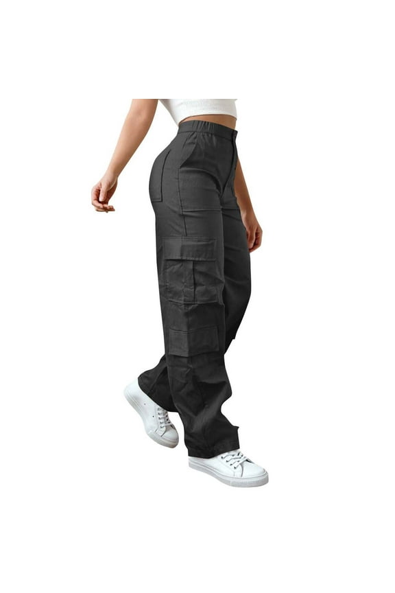 Women Cargo Pant High Elastic Waist Straight Leg Loose Trousers Fall Hiking Pants with Pockets