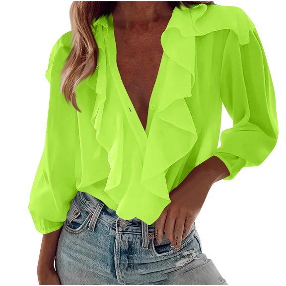 Maean Women Chiffon Blouse Ruffle V Neck Cute Tops Button down Fashion Dressy Shirts for Work Party