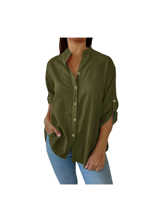 Women Cotton Linen Tops Button down Loose Shirts Collared V Neck Causal Blouse for Beach Vacation